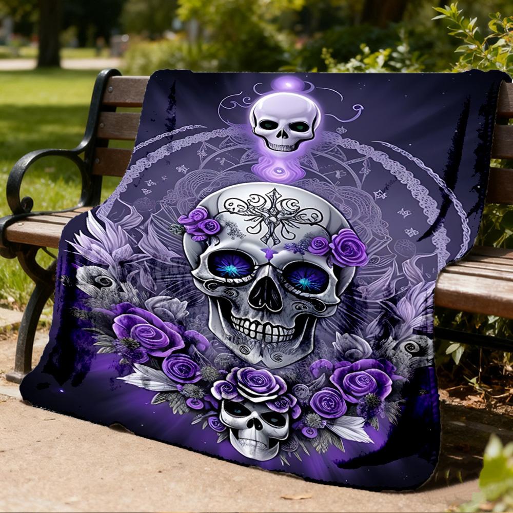 1pc Skull Artwork Outdoor Flannel Blanket , Machine Washable Perfect Gift for Birthday , Holiday Travel Accessory , Durable Material