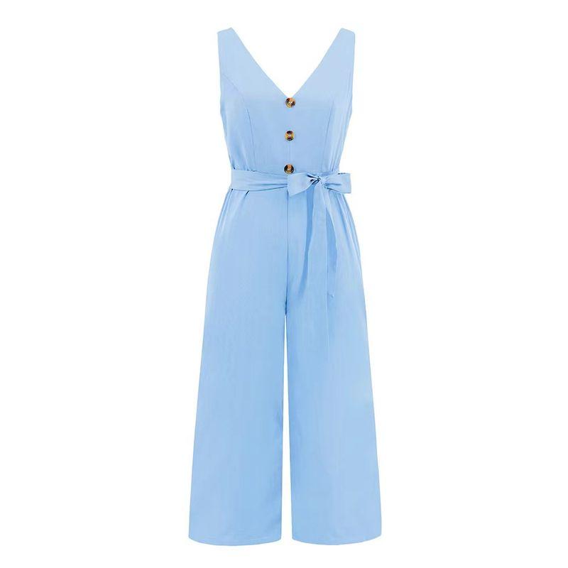 

Fashion New Fashion Sexy Silm Sleeveless Button V Neck Jumpsuit V-neck Lace-up Jumpsuit Light blue M
