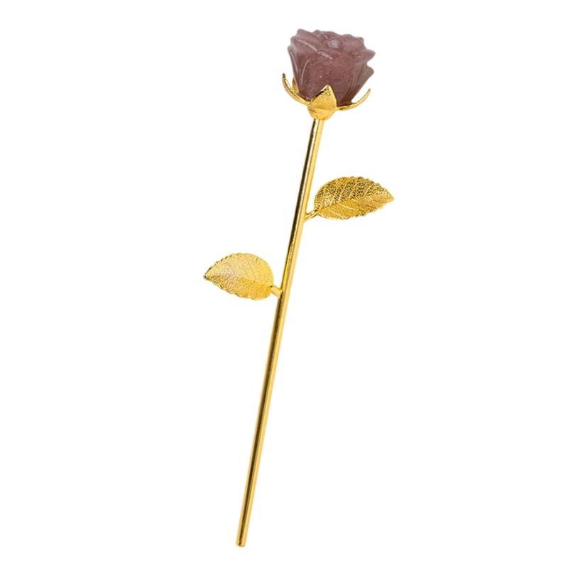 Unique Stone Rose Sculpture Gold Base Rose Adornment Stone Carved Rose Stone Texture Carving Ornament for Gifting