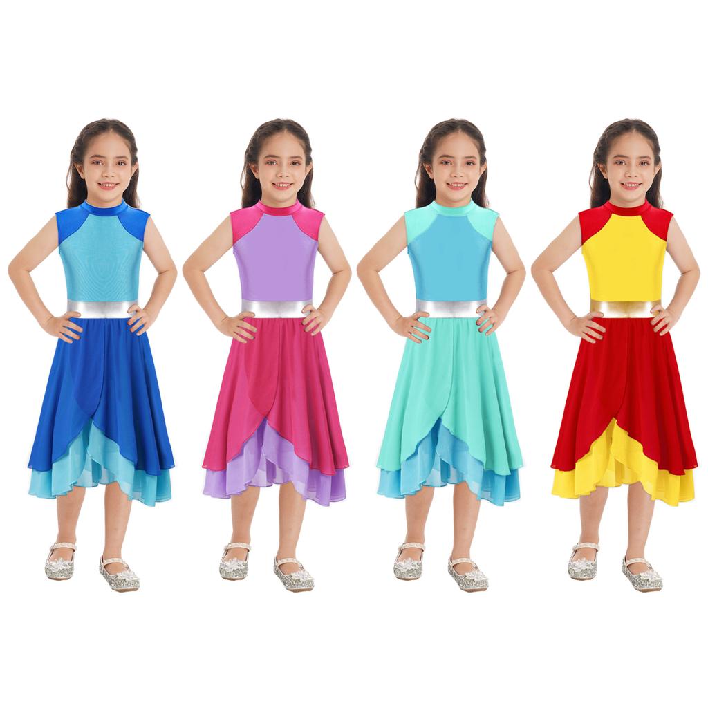 Kids Girls Color Block Dance Dress Mock Neck Sleeveless Tiered Wrapped Hem Praise Lyrical Dance Dress Dancewear