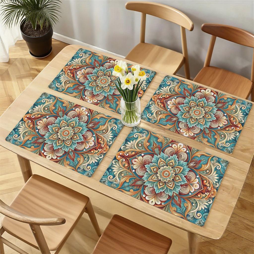 4pcs Polyester Mandala Style Floral Placemats Heat-Resistant Washable Non-Slip Table Mats for Kitchen Dining Table Home Decor