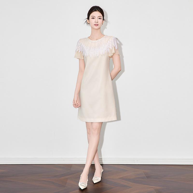 

French Light Luxury Sequin Embroidered Mesh Dress with Round Neck M абрикосовый