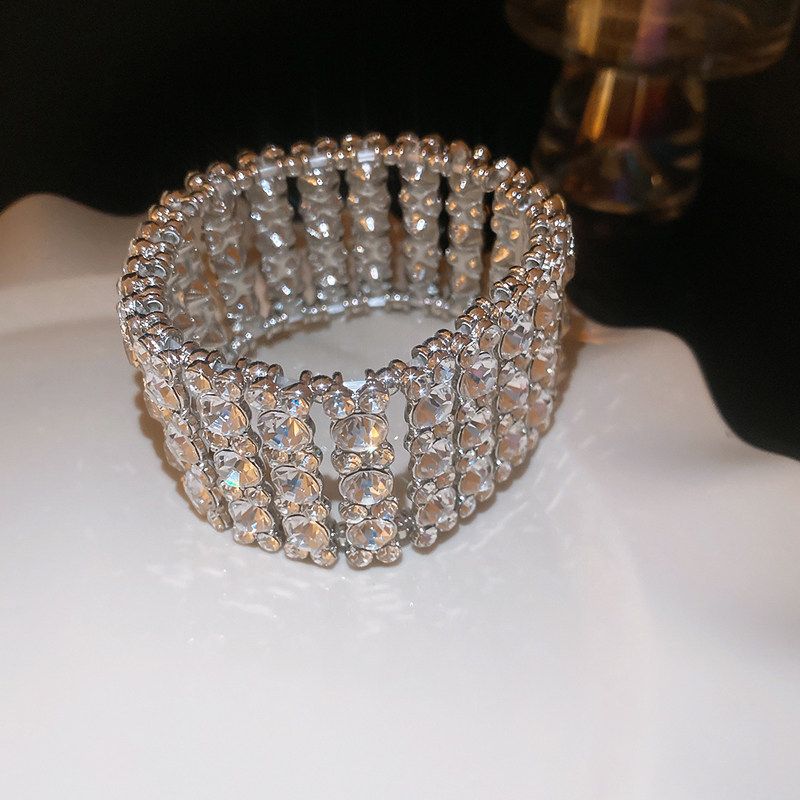 European and American Style Elastic Exaggerated Bracelet, Light Luxury High-End Silver Wide Bangle, Niche Exquisite Wristband, Stage Jewelry for Women