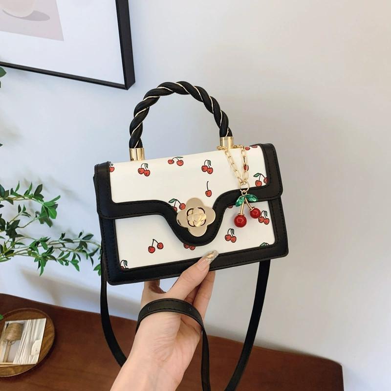 Cute Cherry Printed Handbag Shoulder Bag Woven Handle Square Tote Bag Fresh Design Women's Crossbody Bag Stylish Women Bag