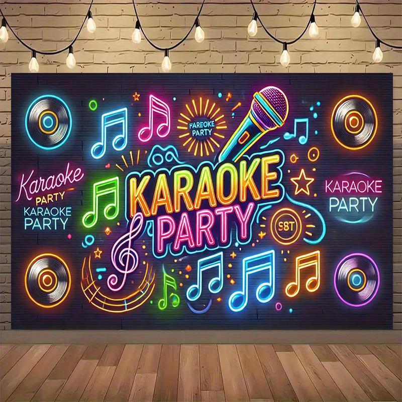 Uno sfondo vivace al neon per una festa karaoke - con microfoni, simboli musicali e le parole "Karaoke Party"