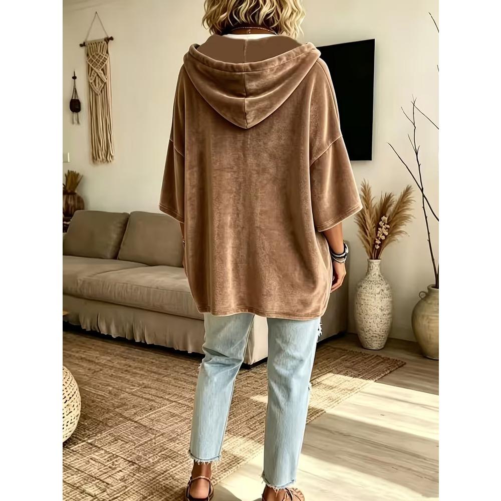 Damska gładka welurowa bluza z kapturem i rękawem 3/4, casualowy top hoodie na jesień zimę