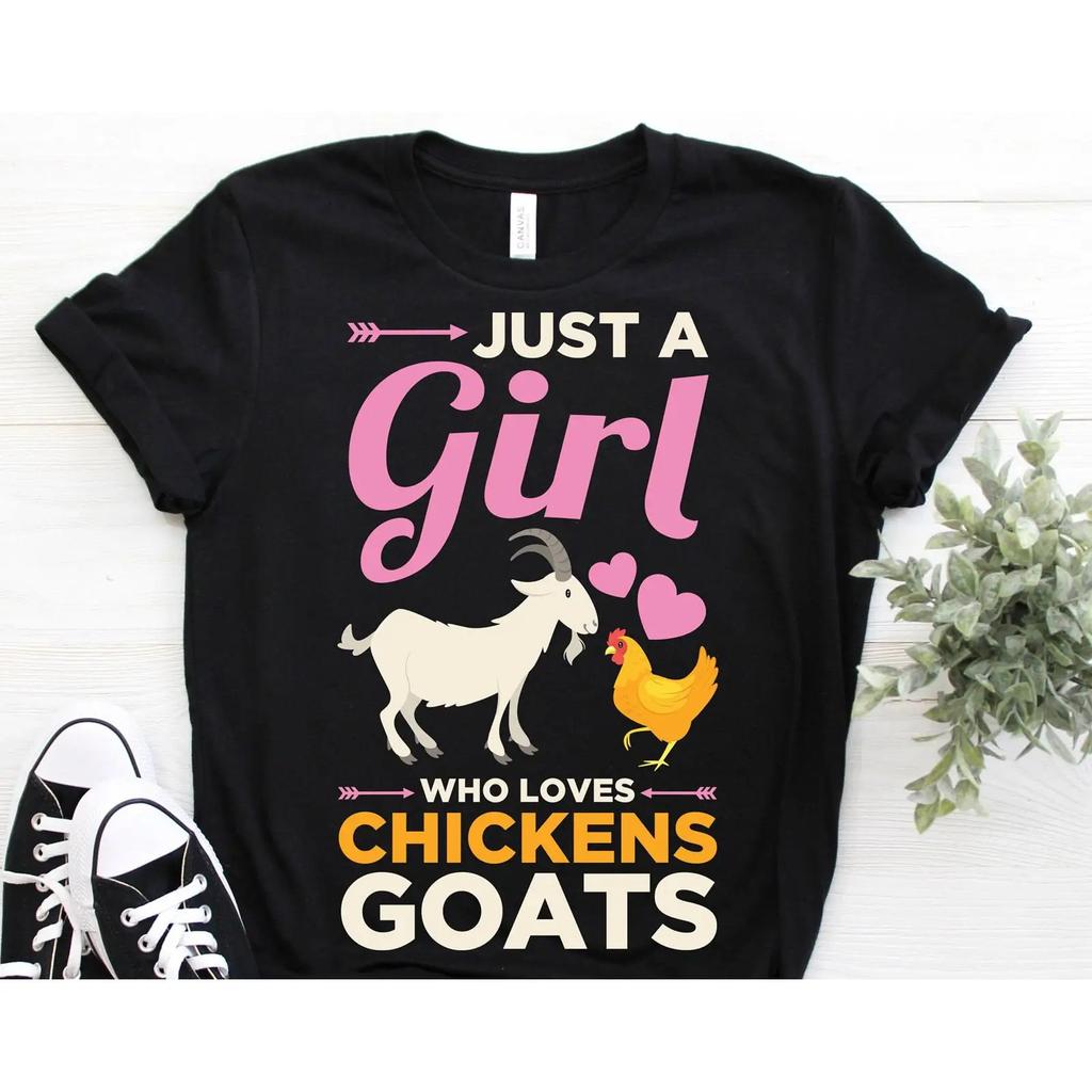 Just A Girl Who Loves Chickens Goats T Shirt Farm Animals Lover Casual for Farming Girls Vintage Washed Stretched Fashion