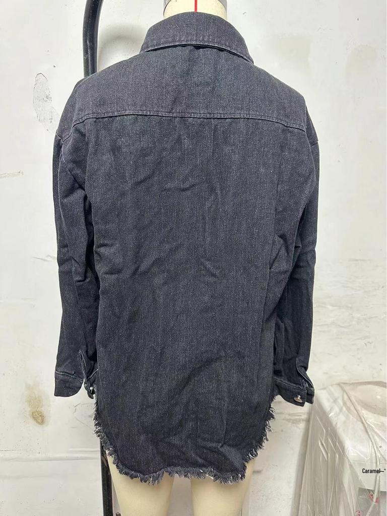 Women's Cross-Border Washed Denim Shirt Jacket - European & American Autumn/Winter Street Style with Frayed Hem