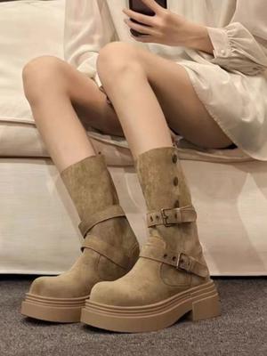 British Women's  New Spring and Autumn Single Boots Retro Two In One Mid Length Boots Thick Soled Black Short Boots