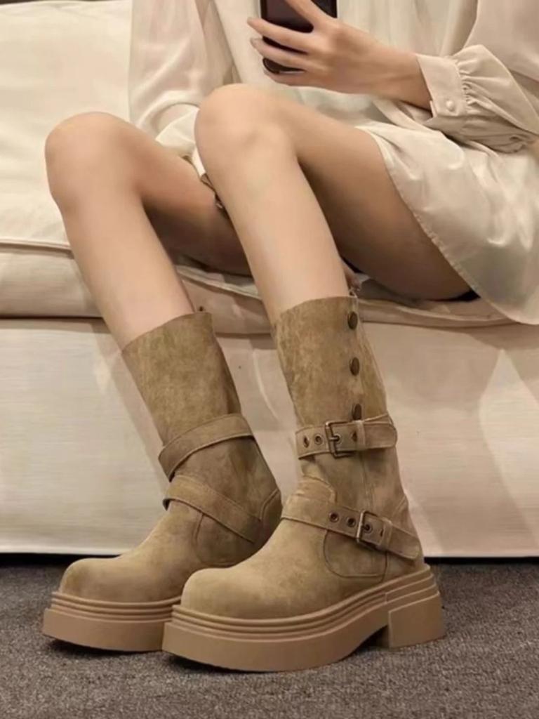 British Women's  New Spring and Autumn Single Boots Retro Two In One Mid Length Boots Thick Soled Black Short Boots