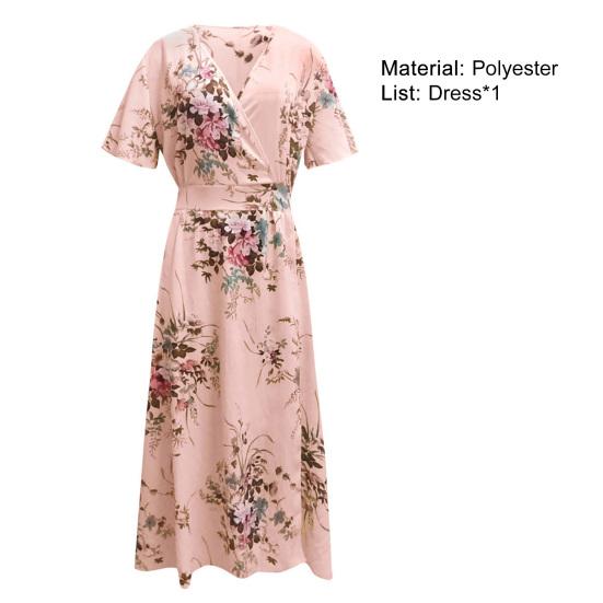 Short Sleeve Maxi Dress Flower Print Women High Split Waist Tight Plus