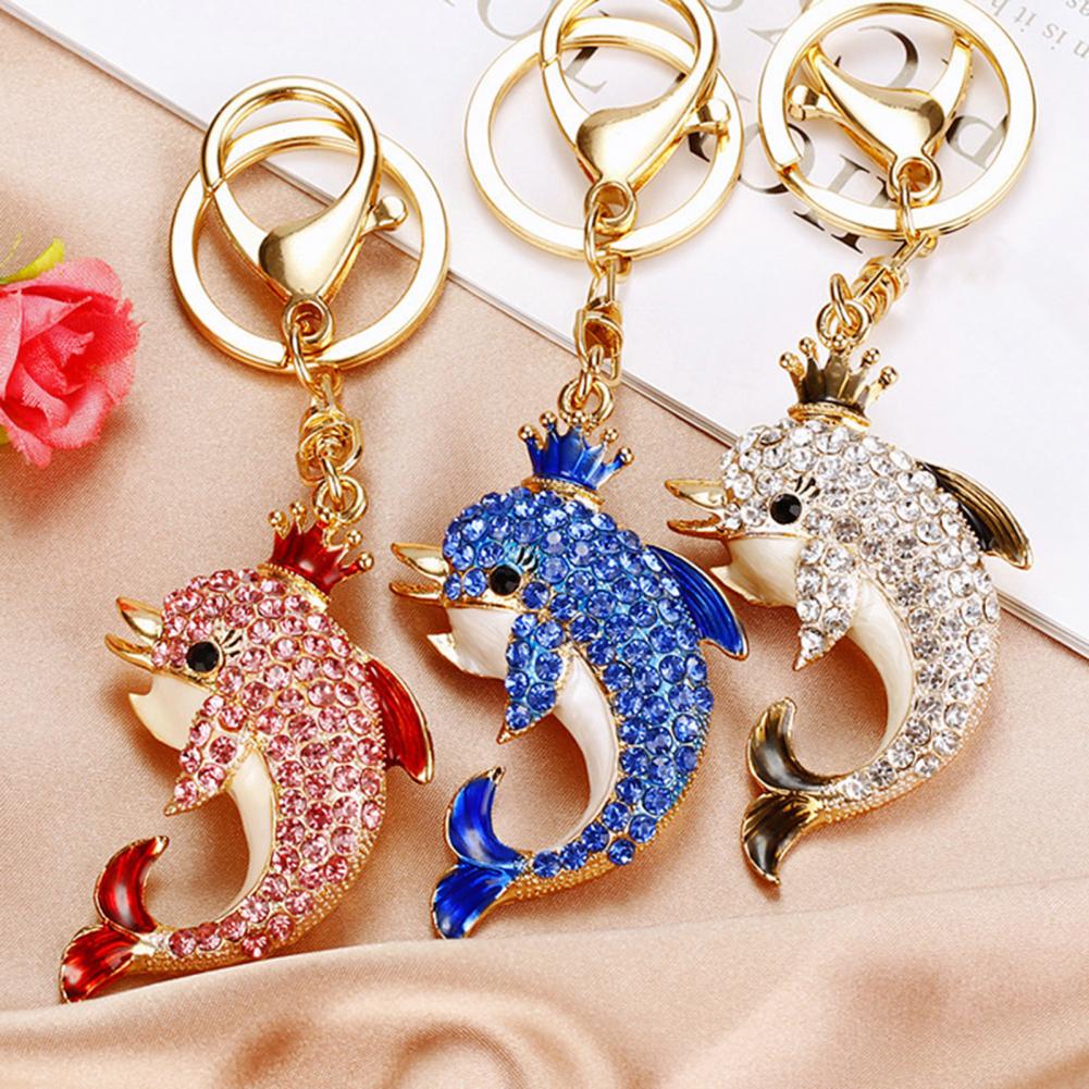 Backpack Keychain Sparkling Rhinestone Dolphin Keychain Charm Crowned Decorative Key Holder Wallet Backpack Accessory for Car