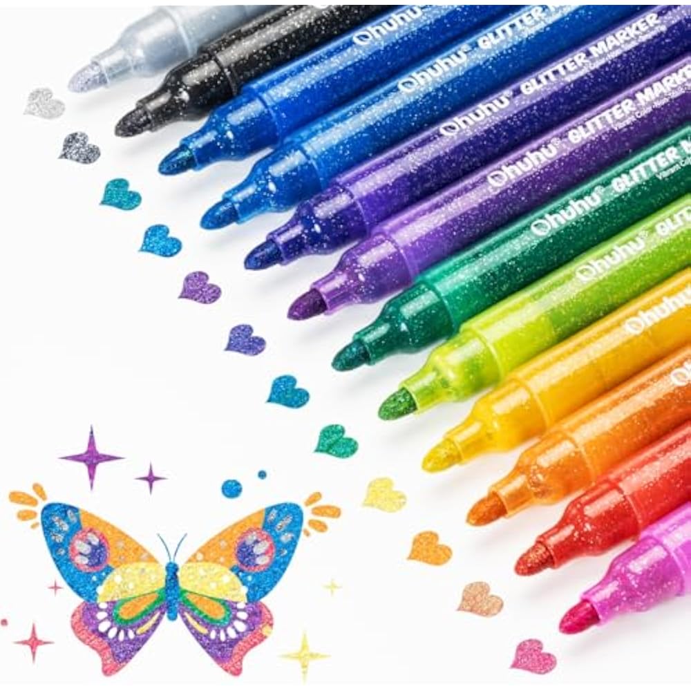 Ohuhu Lame Pen, Glitter Water-based Pen, 12 Color Set, Line Width, 3mm, Glitter Markers, Metallic...