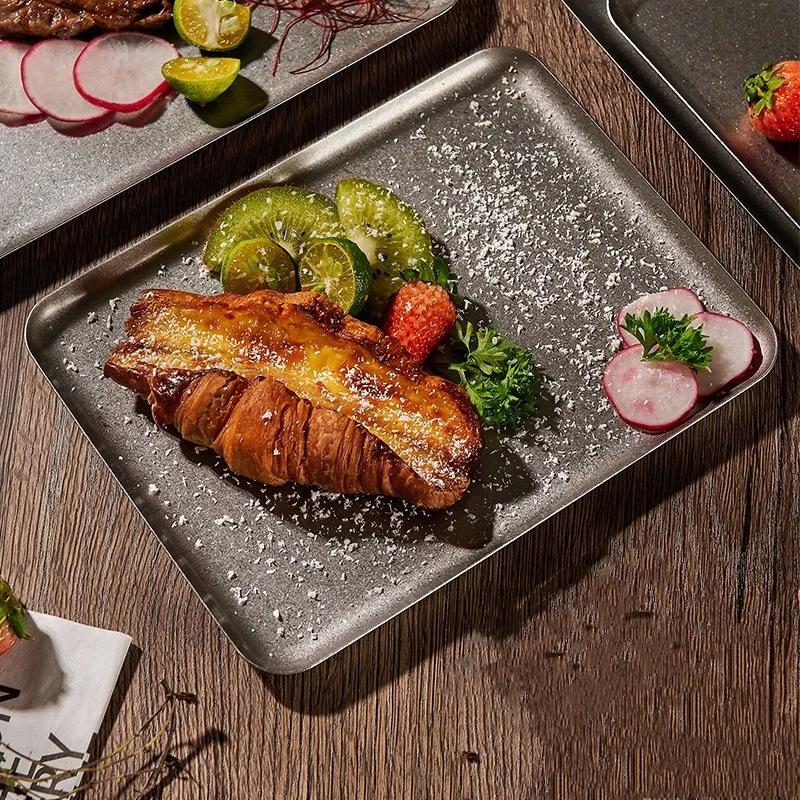 Vintage 304 Stainless Steel Snowflake Silver Square Tray Round Edge Dinner Plate Dessert Grill Tray Steak Plate Decorative Tray