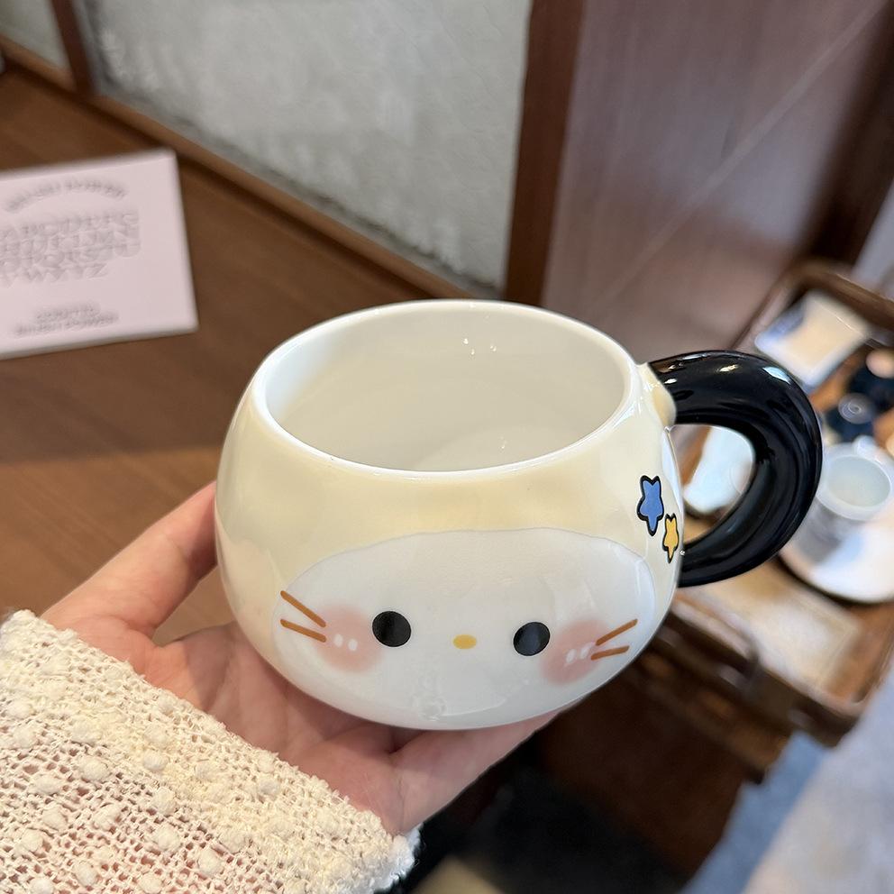 Katzenbecher mit Deckel Löffel hoher Wert Ins-Stil Paarbecher Keramik Trinkbecher für Mädchen Geburtstagsgeschenk
