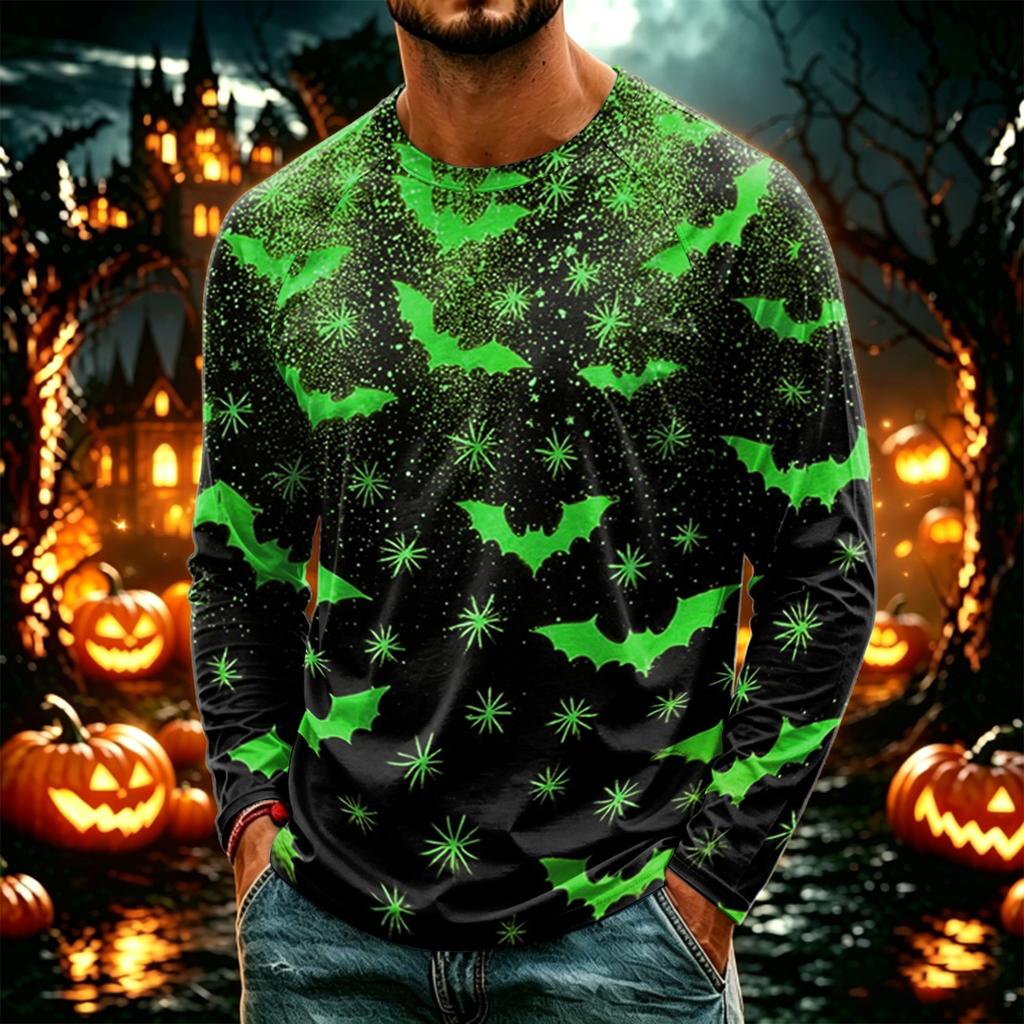Men's Casual Long Sleeve Halloween Printed T-Shirt, Lightweight Neck Top for Daily Wear