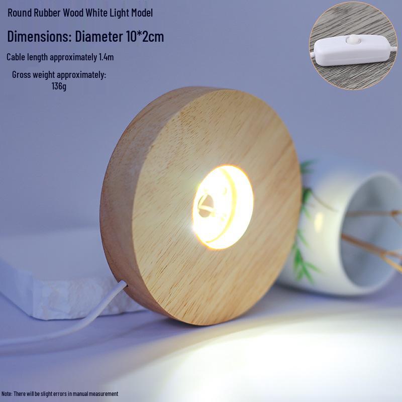 Round LED Night Light with Luminous Crystal Ball and Wooden Base for Bedroom