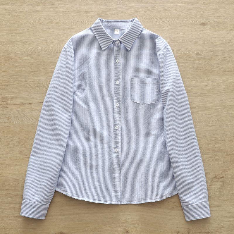 

Vertical Stripes Loose Oxford Long Sleeves Bottoming Shirt Artsy Dark blue Stripes S([42.50 kg-52.50 kg]])