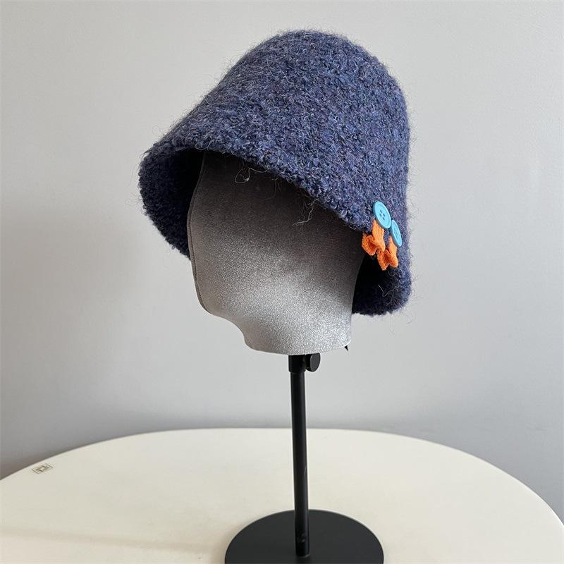 

Шерстяная петельная пряжа утолщенная панама милая пуговица полка колледж ветер маленький свежий теплая шляпа рыбака M（56-58cm） тёмно-синий