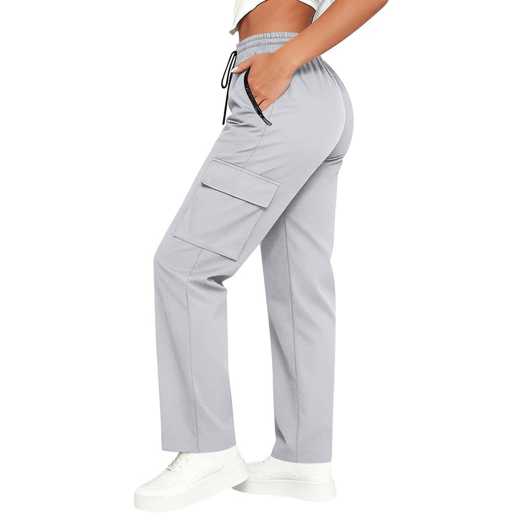 Women’s High Waist Drawstring Cargo Pants Loose Fit Straight Leg Trousers with Multiple Pockets for Daily Wear