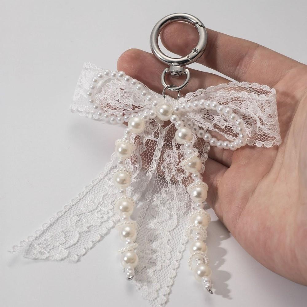 Pearl Beaded Bow Ribbon Keychain Y2K Bag Charm Sweet Lace Bow Keychain  Phone Decoration