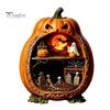Indoor Halloween Ornaments Centerpiece Pumpkin, Wooden Pumpkin Ornament with Miniature Scenes, Rustic Unique Table Centerpieces Skeleton for Farmhouse