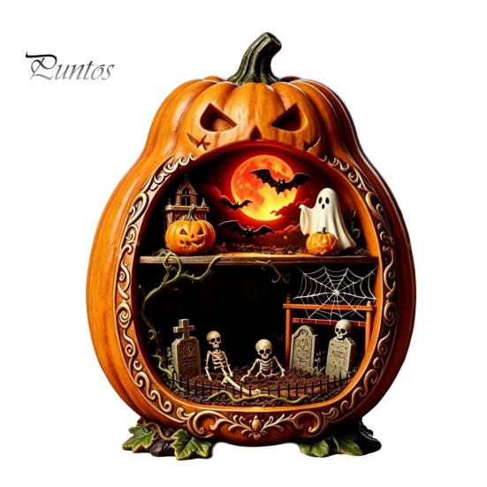 Indoor Halloween Ornaments Centerpiece Pumpkin, Wooden Pumpkin Ornament with Miniature Scenes, Rustic Unique Table Centerpieces Skeleton for Farmhouse