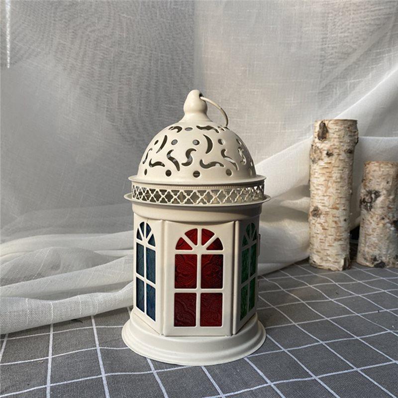 ABKY-Retro Metal Candlestick Colored Glass Aromatherapy Candlestick Decorative Decoration Decorative Iron Wind Lamp