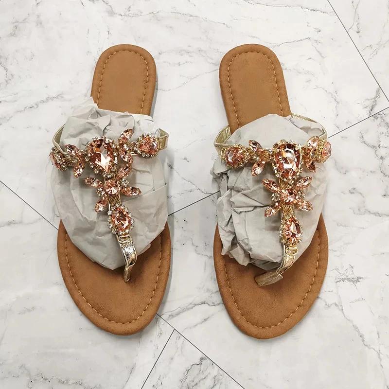 Fashion Women Gladiator Sandals Summer Beach Diamond Big Size Fashion Female Sandal Roman Rhinestones Flat with Woman Casual Shoes