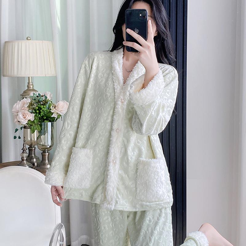 Women's Sea Island Cotton Pajamas - Light Luxury Embossed Long Sleeve Autumn/Winter Set