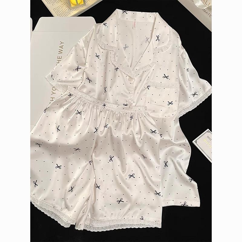 Premium polka dot bow pajamas women s summer short-sleeved shorts cardigan set women s casual loungewear S