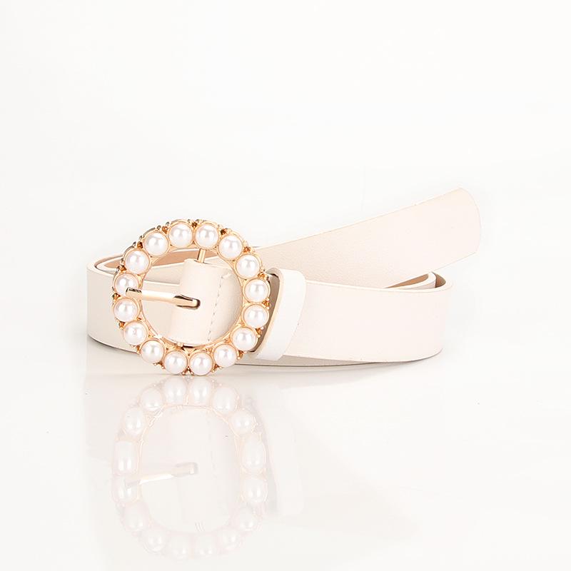 Women's Multi-Color Pearl Round Buckle Belt - Cute, Versatile Decorative Accessory for Dresses and Jeans