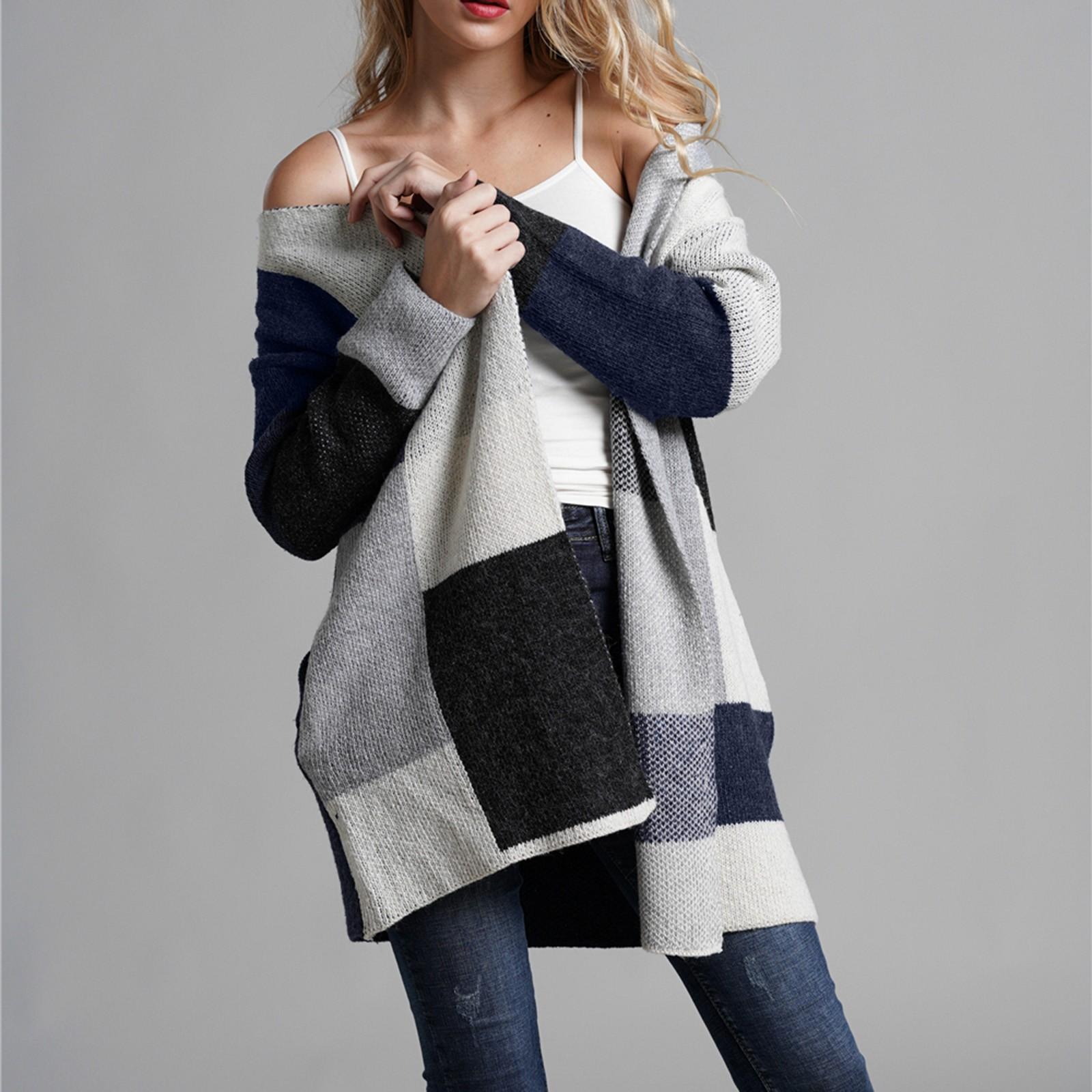 

Женский модный клетчатый свитер большого размера, свободный вязаный свитер, куртка XXL тёмно-синий