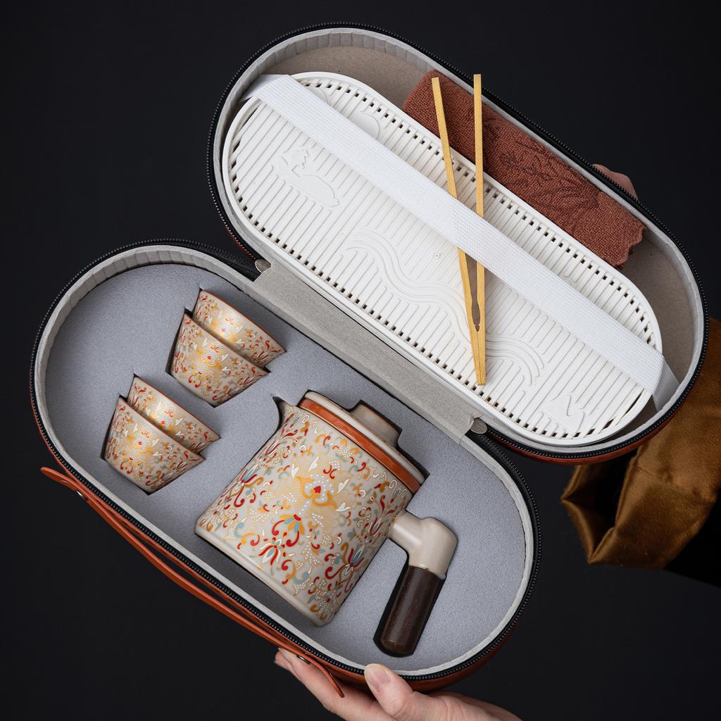 Ru kiln travel tea set portable outdoor camping travel high-end tea set new Chinese express cup business souvenir