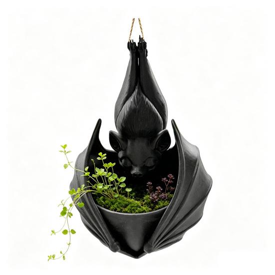 Novelty Bat Fan Gift 3D Printed Hanging Plant Pot, Shaped Planter, Creative Halloween Small Container Flowerpots, Gothic Holder for Indoor