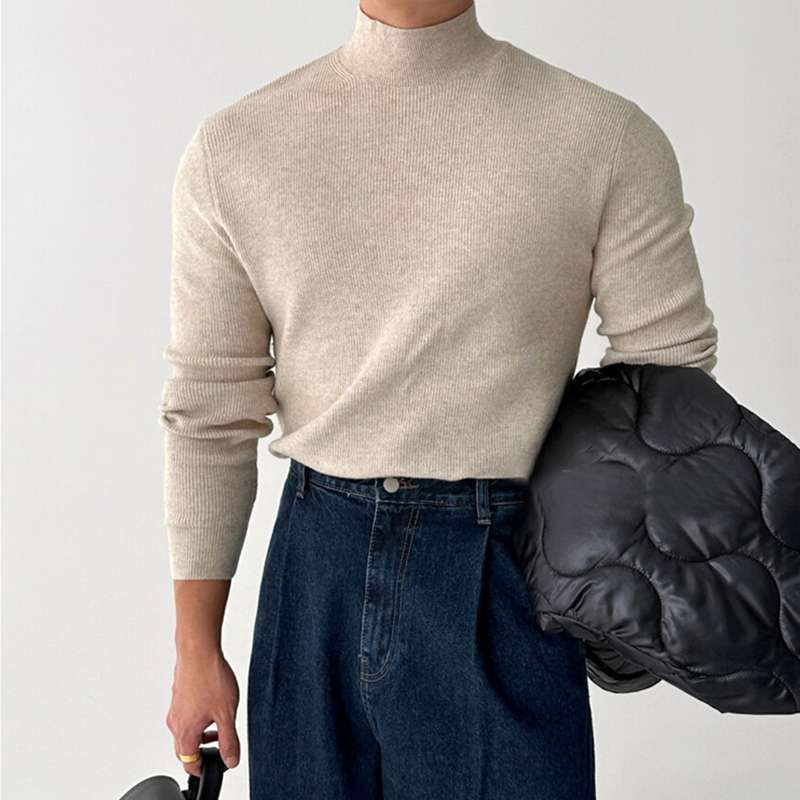 Retro Chic Men's Semi Pullovers High Street High Neck Casual Trend Korean Solid Color Niche Interior Vintage All-match Sweaters