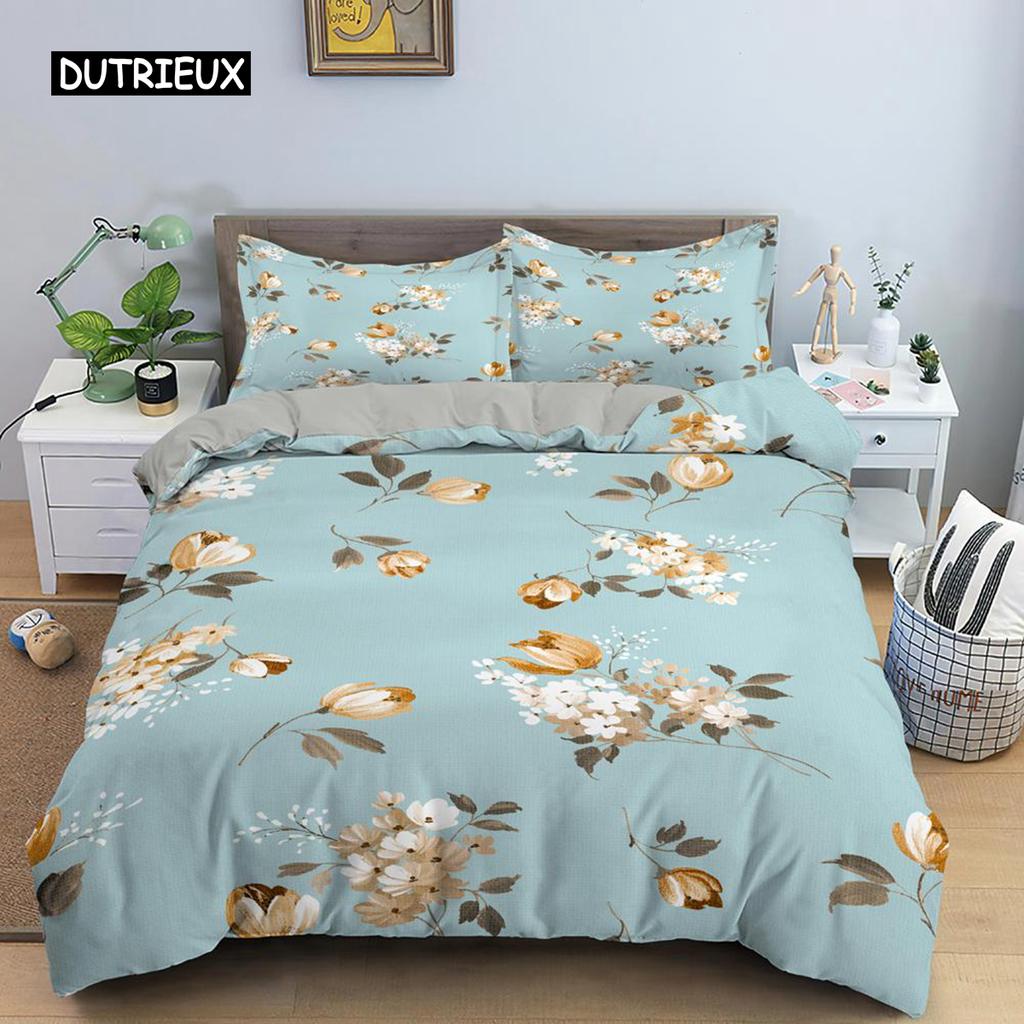 Flower Duvet Cover Set King Size Pink Flowers Green Leaves Pattern Quilt Cover for Teen Girl Microfiber Floral Theme Quilt Cover