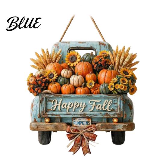 Wooden Hanging Sign for Front Door Harvest Pumpkin Truck Door, Fall with Rustic Ornament Hemp Rope, Distressed Farmhouse Welcome Sign, Autumn
