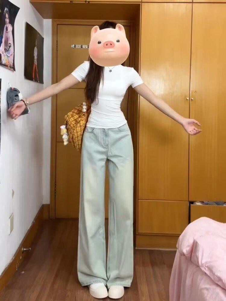 

Женские летние джинсы 2024 года для миниатюрных фигур, светло-голубые, широкие от бедра, длиной до пола, стройнящие S синий