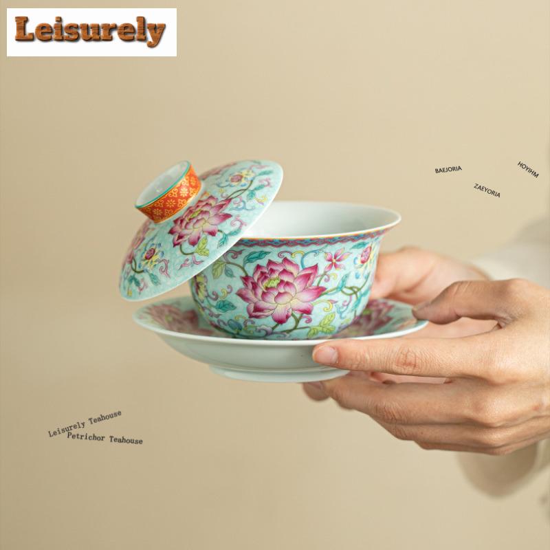 171ml Color Enamel Lotus Gaiwan Ancient Tea Tureen Tea Bowl With Lid Kit Tea Maker Cover Bowl Tea Services Accessories Ornaments
