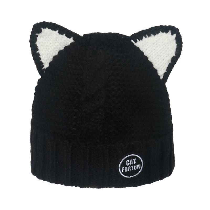 

Cat ear labeling ear protection wool hat women s winter Japanese sweet and cute velvet warm knitted hat winter Korean version M（56-58cm） чёрный
