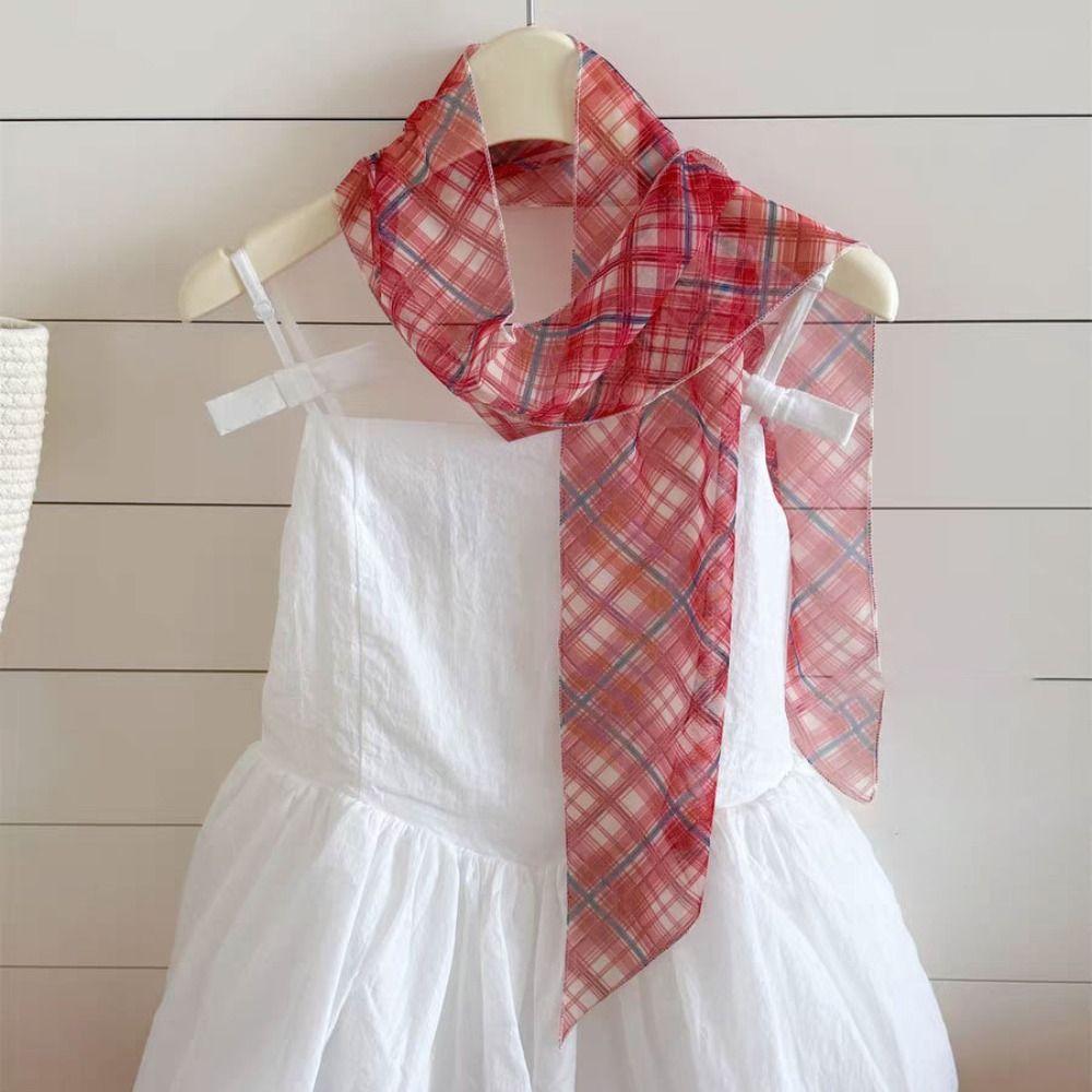 Cravat Flower Scarf Bow Ties Long Ribbon Scarves Plaid Pattern Long Silk Scarf  Scarf Accessories