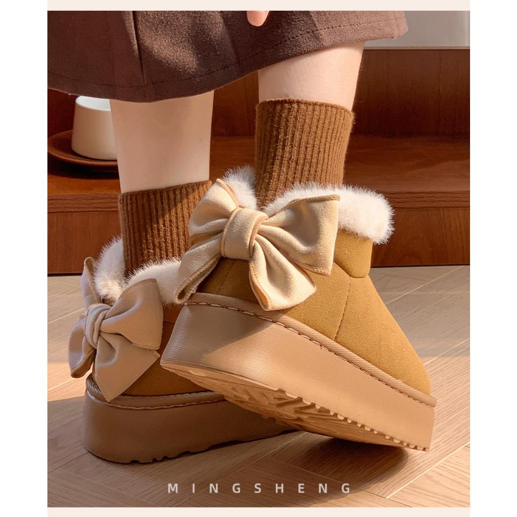 Hairy Mouth Bag and Butterfly Knot Cotton Shoes for Women In Winter, Thick Soled, Height Increasing, Versatile, and Plush Warm Snow Boots