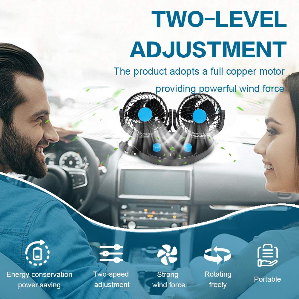 Dual Head USB Car Cooling Fan 2 Wind Speed Car Central Control Screen Fan Adjustable Angle Auto Ventilation Fan Auto Accessories