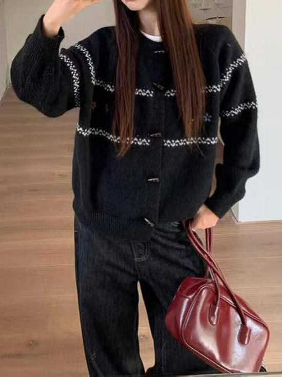 Korean Style Soft Knit Cardigan for Women - Fluffy Horn Button, Retro Embroidery, Lazy Style Sweater for Autumn/Winter