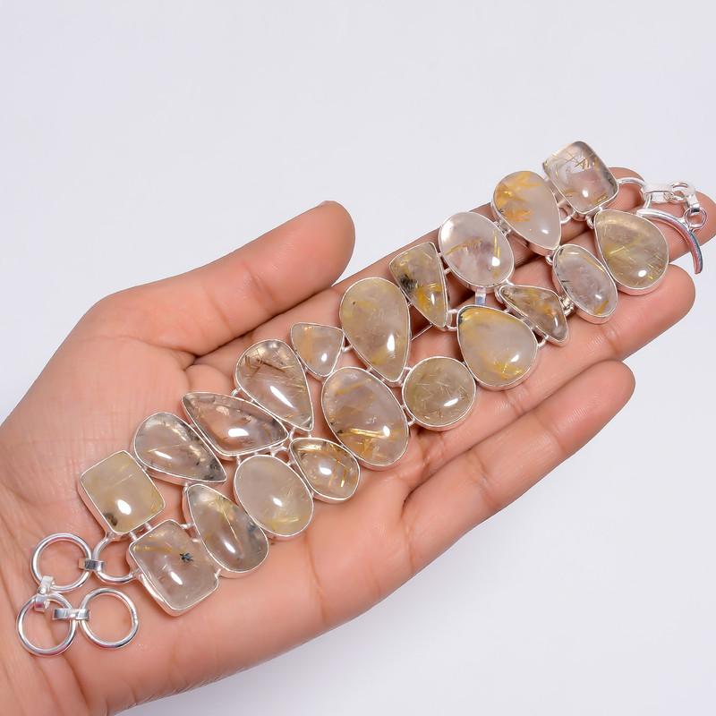 Natural Golden Rutile Silver Bracelet 100% Natural Golden Rutile Quartz Sterling Silver Plated Bracelet 6-8" WSJ-4632