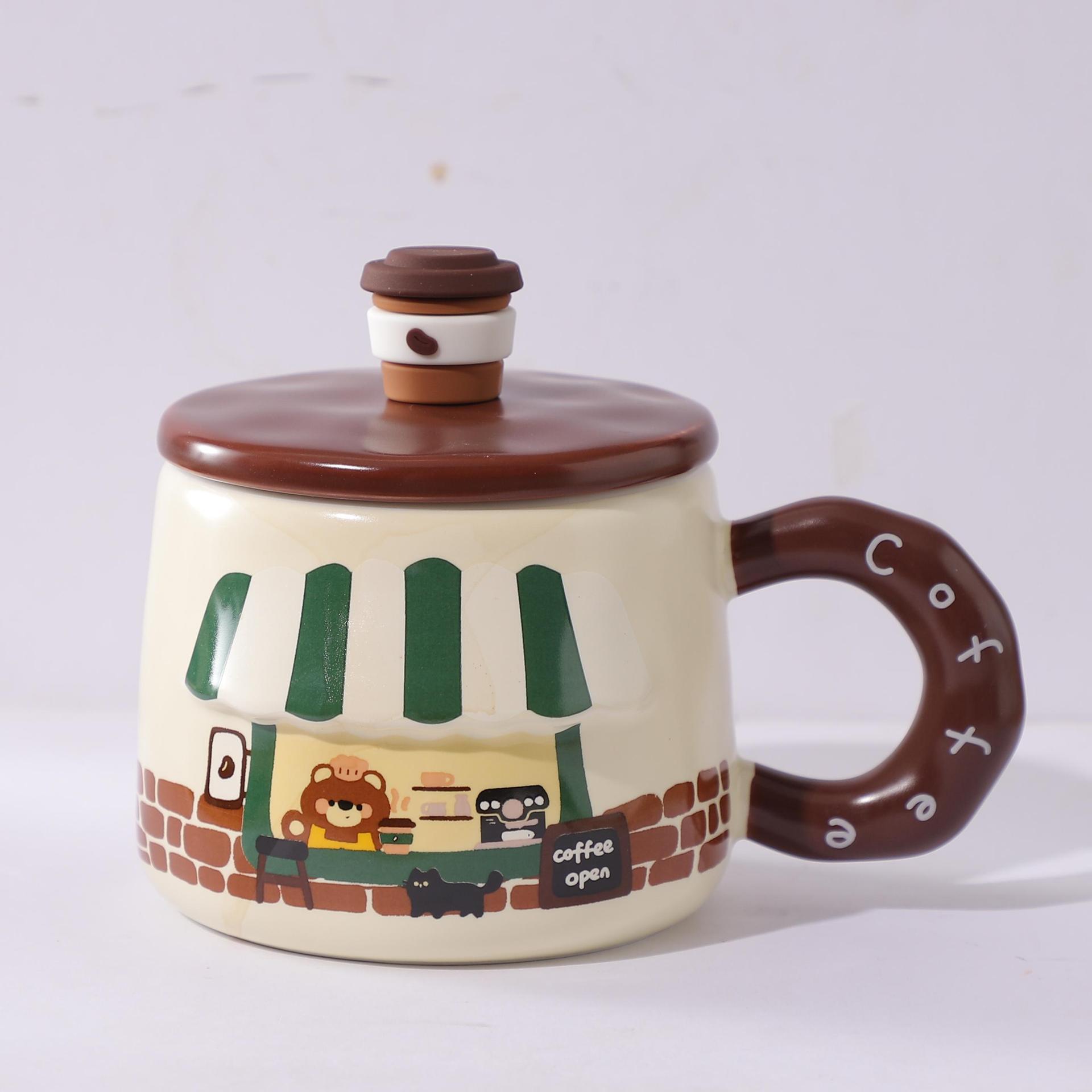 

Creative cartoon ceramic mug with lid high value embossed mug student gift water cup home cute breakfast cup 450ml