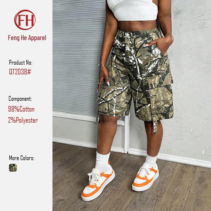 

Camouflage Wide-Leg Mid-Length Women s Workwear Pants with Pockets - European/American Style Casual Shorts L