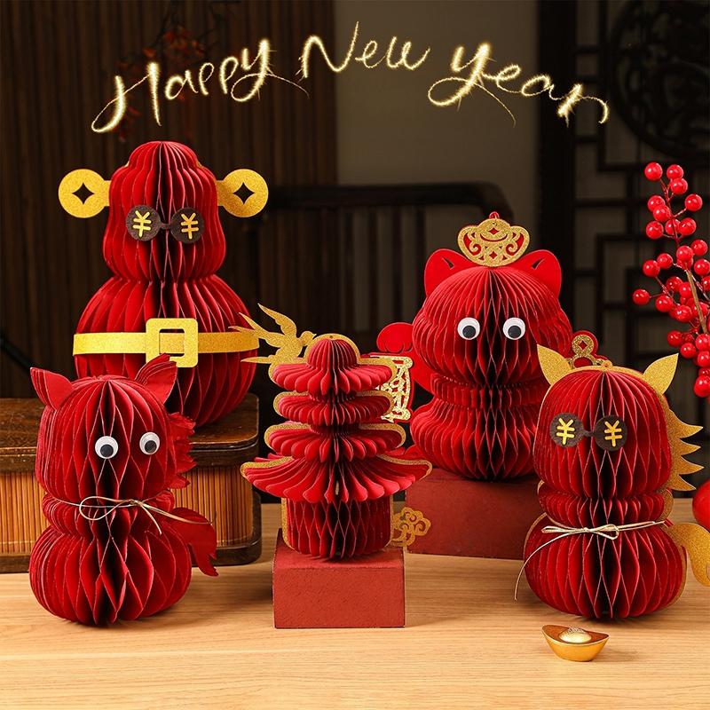 Christmas New Year Decorations 2026 Paper Honeycomb Ball Christmas Tree Ornaments Folding Xmas Tree Spring Festival Decoration