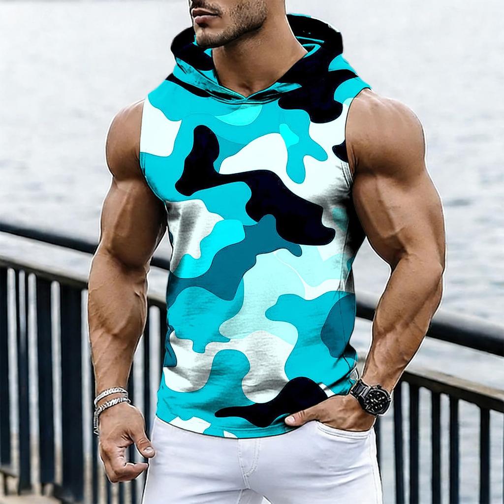 Men's Casual Fashion Printed Sleeveless Hooded Tops | Lightweight Summer Hooded Tank Tops
